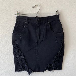Black denim distressed skirt